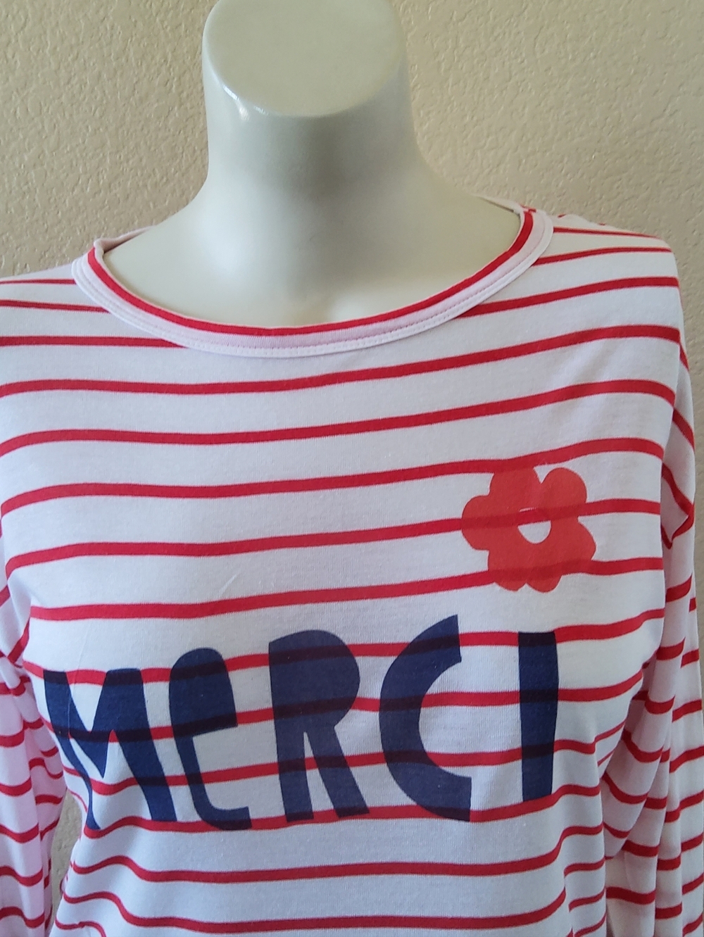 NWOT Sundry "Merci" Striped 100% Cotton Long Sleeve Tee Top Size L Red White - Picture 3 of 8